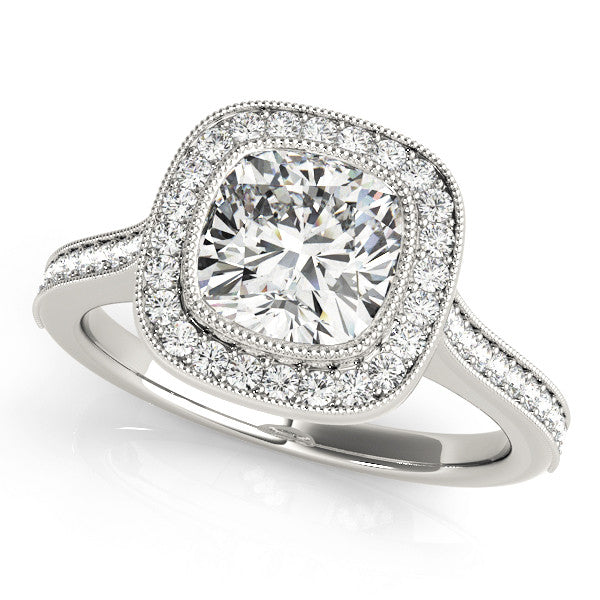 Silver Cushion Halo Diamond Engagement Ring with Pavé Band and Four-Prong Setting 1