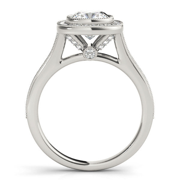 Silver Cushion Halo Diamond Engagement Ring with Pavé Band and Four-Prong Setting