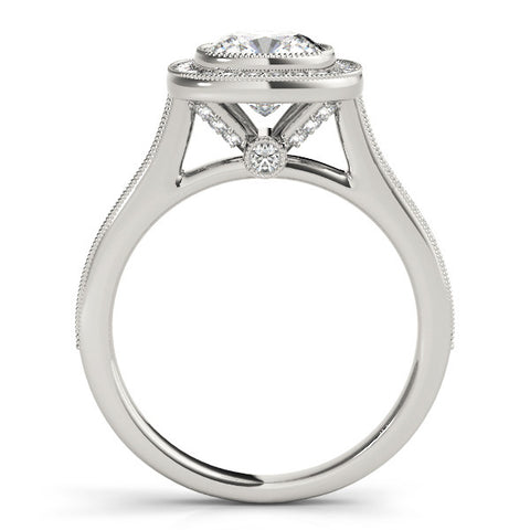 Silver Cushion Halo Diamond Engagement Ring with Pavé Band and Four-Prong Setting