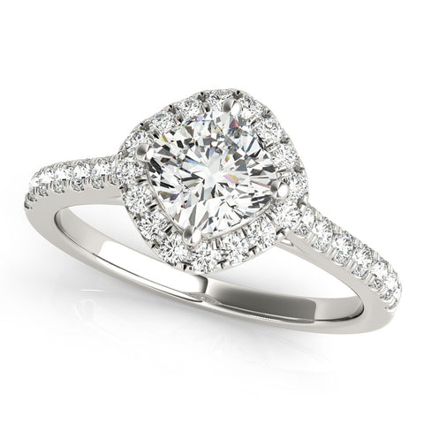 Silver Cushion Halo Diamond Engagement Ring with Pave Band and Four-Prong Setting 1