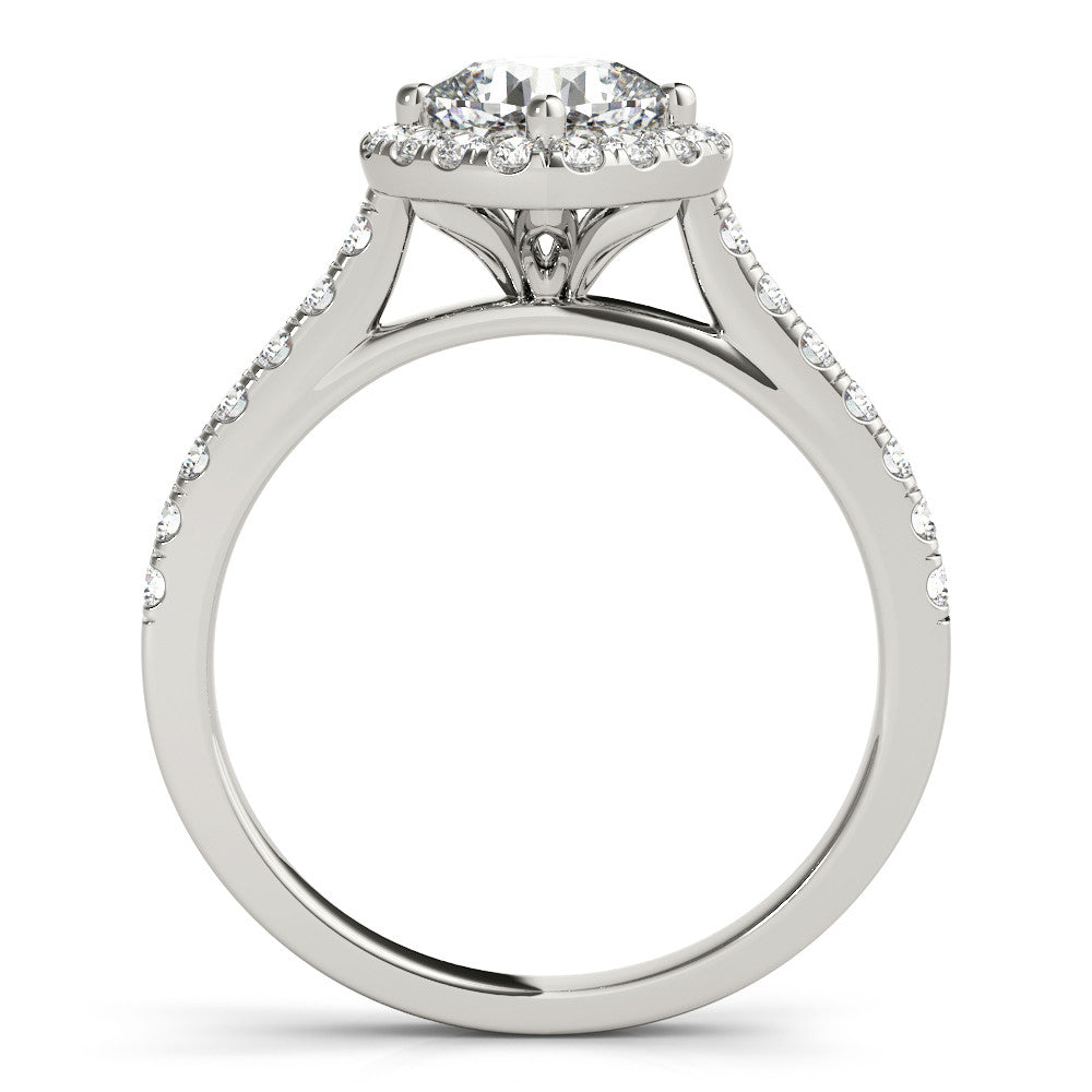 Silver Cushion Halo Diamond Engagement Ring with Pave Band and Four-Prong Setting