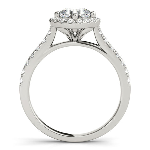 Silver Cushion Halo Diamond Engagement Ring with Pave Band and Four-Prong Setting