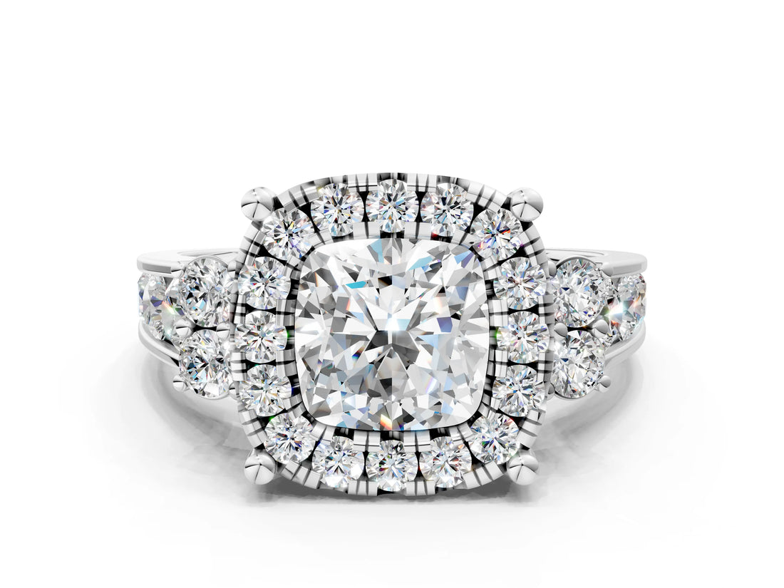 Silver Cushion Halo Diamond Engagement Ring with Split Shank and Four-Prong Setting