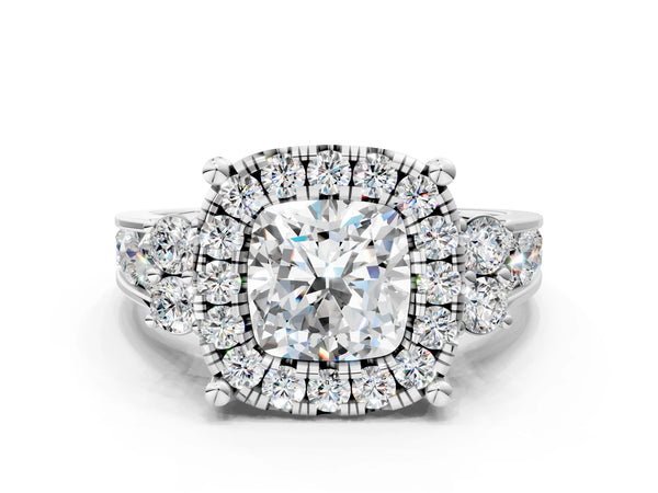 Sterling Silver Cushion Cut Graduated Channel Halo Engagement Ring Setting
