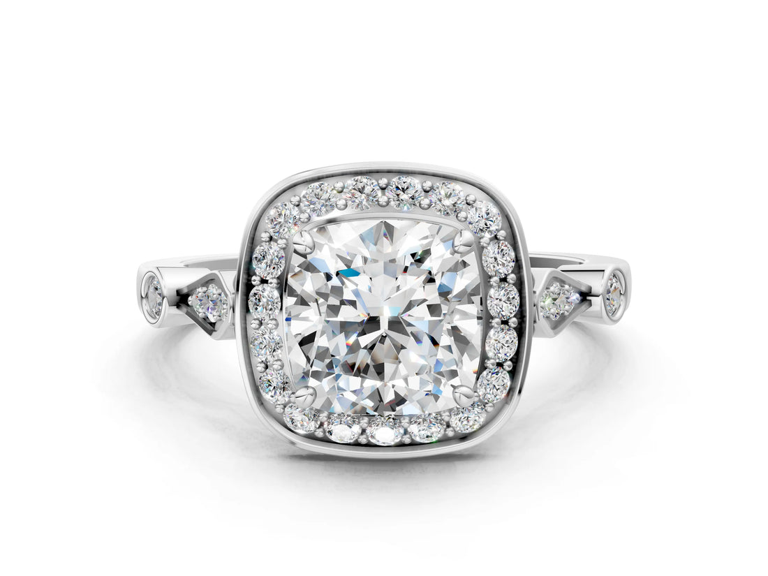 Silver Cushion Halo Diamond Engagement Ring with Twisted Band and Four-Prong Setting