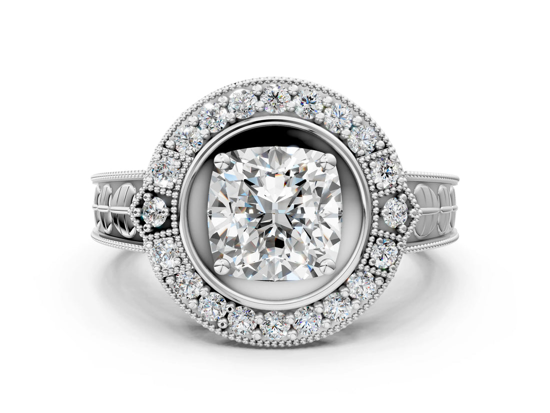 Silver Cushion Halo Diamond Ring with Milgrain Bezel and Prong Setting_6