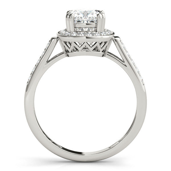Silver Cushion Halo Diamond Ring with Split Shank and Four-Prong Setting