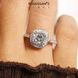 10K White Gold 2.55 Carat E VS1 Cushion Diamond Halo Ring with Split Shank and Four-Prong Setting