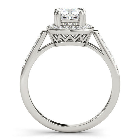 Silver Cushion Halo Diamond Ring with Split Shank and Four-Prong Setting