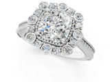 Silver Cushion Halo Milgrain Pave Diamond Ring with Four-Prong Setting 1