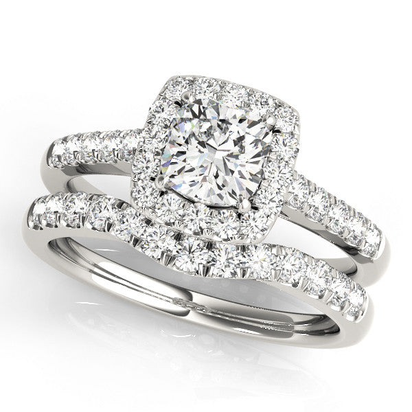 Silver Cushion Halo Pavé Diamond Engagement Ring with Four-Prong Setting
