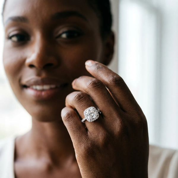 Sterling Silver Cushion Cut Halo Engagement Ring Setting with Pave Shoulders
