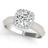 Silver Cushion Halo Round Brilliant Solitaire Ring with Tapered Band and Four-Prong Setting