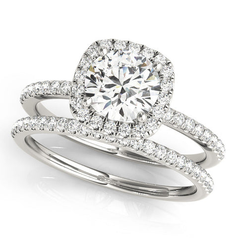 Silver Cushion Halo Round Diamond Pavé Band Four-Prong Ring