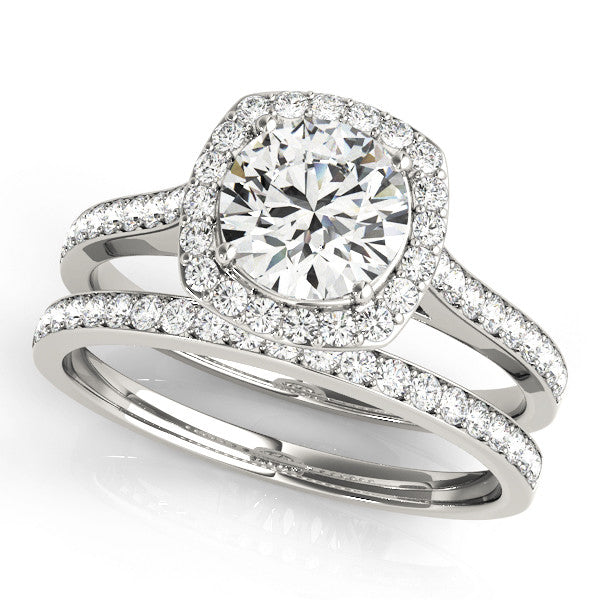 Silver Cushion Halo Round Diamond Pavé Band with Four-Prong Setting