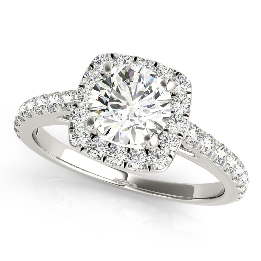 White gold Round Diamond Halo Ring with Pavé Band
