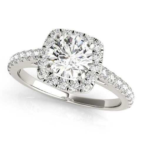 Silver Cushion Halo Round Diamond Pave Band Four-Prong Ring