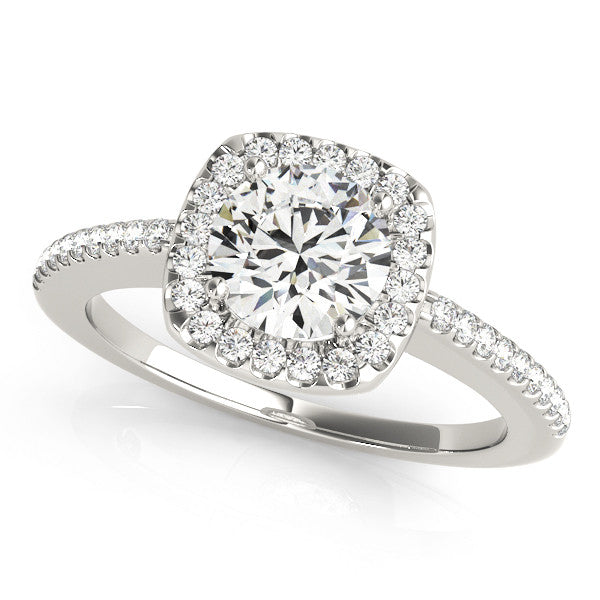 White gold Cushion Halo Round Diamond Pave Band Prong Setting Ring