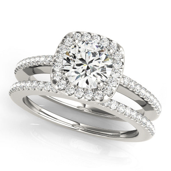 White gold Cushion Halo Round Diamond Pave Band Prong Setting Ring