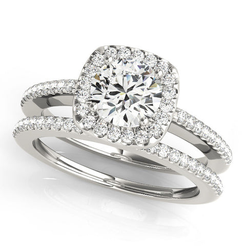 Silver Cushion Halo Round Diamond Pave Band Prong Setting Ring