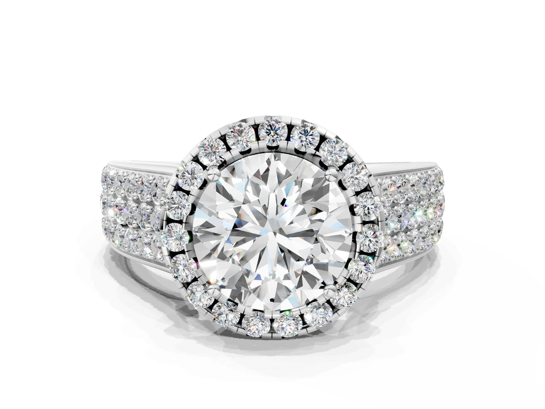 Silver Cushion Halo Round Diamond Pave Band with Prong Setting