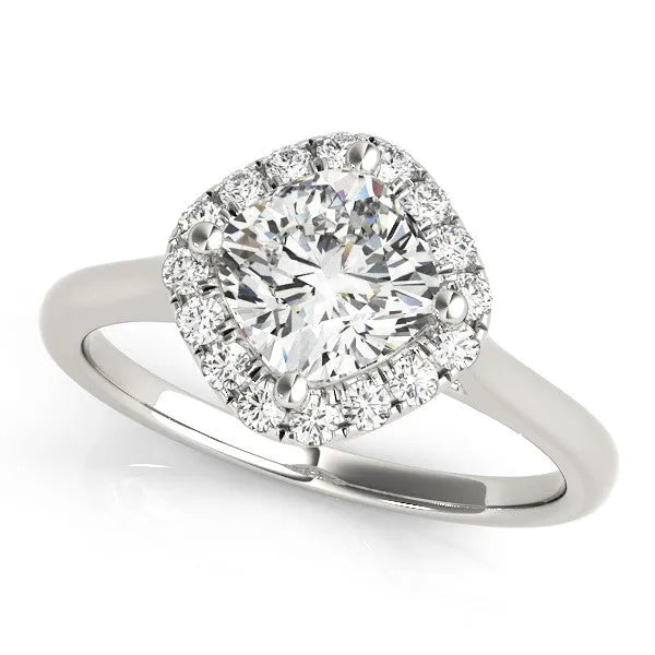 Silver Cushion Halo Round Diamond Solitaire Engagement Ring with Pave Band and Four-Prong Setting