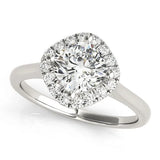 Silver Cushion Halo Round Diamond Solitaire Engagement Ring with Pave Band and Four-Prong Setting