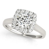 Silver Cushion Halo Round Diamond Solitaire Ring with Pavé Band and Four-Prong Setting