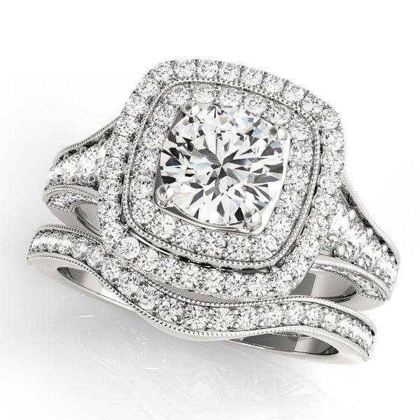 White gold Cushion Halo Round Diamond Split Shank Prong Setting Ring
