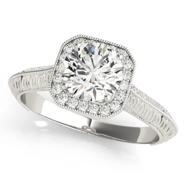 Silver Cushion Halo Round Solitaire Milgrain Engagement Ring