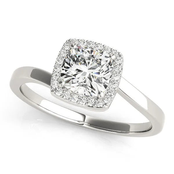 Silver Cushion Halo Solitaire Engagement Ring with Round Diamond and Four-Prong Setting