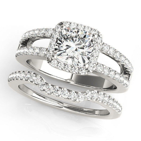 Silver Cushion Halo Split Shank Diamond Ring with Four-Prong Setting