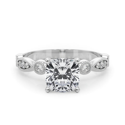 Silver Cushion Milgrain Bezel Diamond Engagement Ring with Solitaire Prong Setting