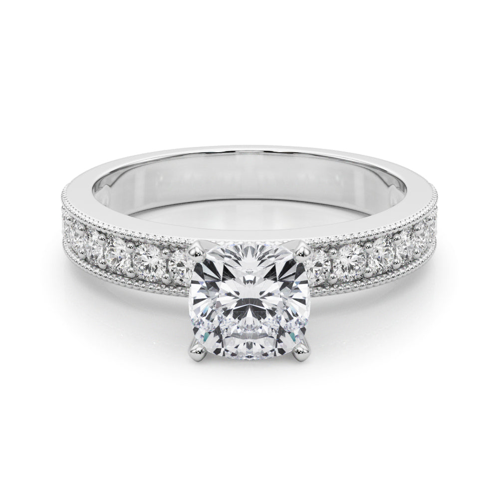 Silver Cushion Milgrain Pave Diamond Engagement Ring with Four-Prong Setting