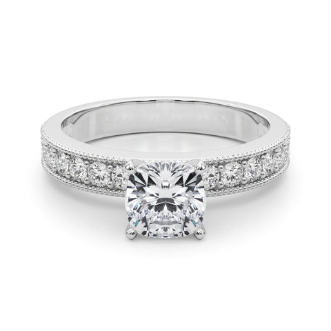 Silver Cushion Milgrain Pave Diamond Engagement Ring with Four-Prong Setting