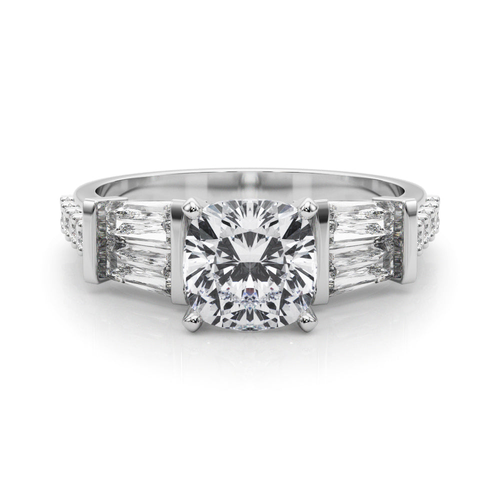 Silver Cushion Solitaire Baguette Side Stone Channel Set Engagement Ring