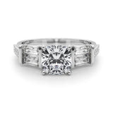 Platinum 3.05 Carat F VS1 Cushion Solitaire Baguette Side Stone Channel Set Engagement Ring
