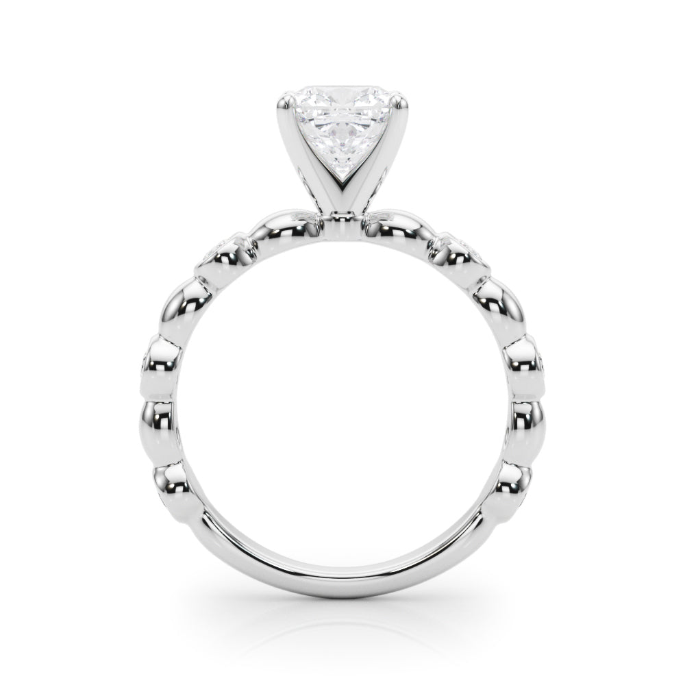 Silver Cushion Solitaire Bezel-Set Diamond Ring with Beaded Band and Four-Prong Setting 1