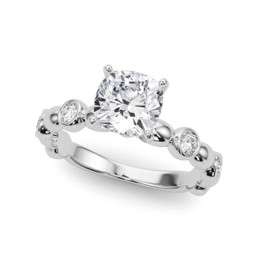 Silver Cushion Solitaire Bezel-Set Diamond Ring with Beaded Band and Four-Prong Setting 2