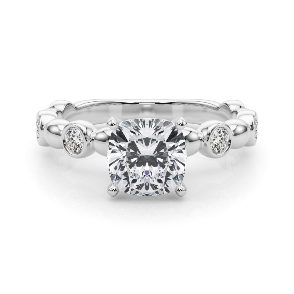 Silver Cushion Solitaire Bezel-Set Diamond Ring with Beaded Band and Four-Prong Setting