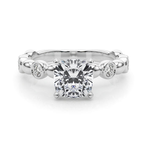 Silver Cushion Solitaire Bezel-Set Diamond Ring with Beaded Band and Four-Prong Setting