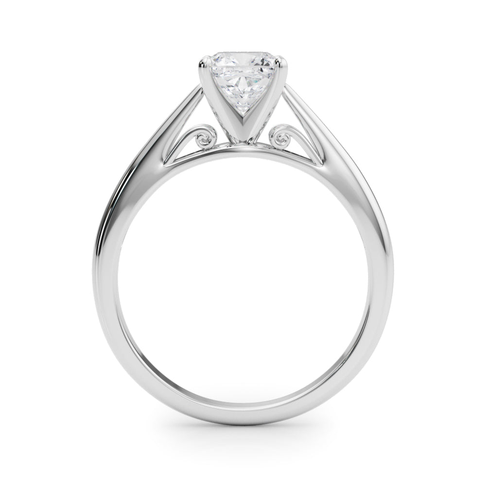 Silver Cushion Solitaire Diamond Engagement Ring with Cathedral Setting and Four-Prong Mount on a Classic Band 1