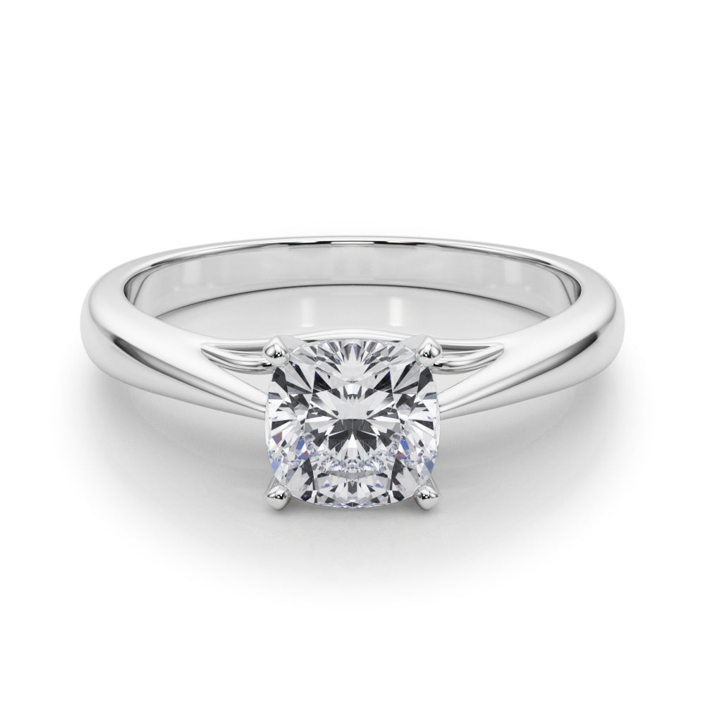 Silver Cushion Solitaire Diamond Engagement Ring with Cathedral Setting and Four-Prong Mount on a Classic Band