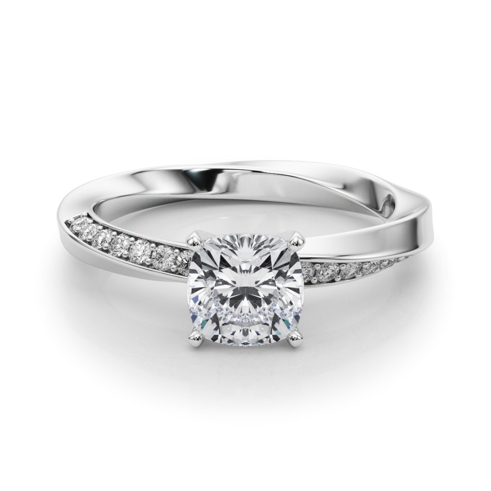 Silver Cushion Solitaire Diamond Engagement Ring with Side Stone Accents and Four-Prong Setting