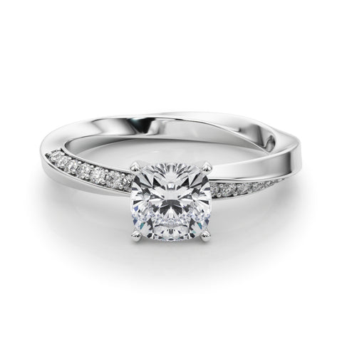 Silver Cushion Solitaire Diamond Engagement Ring with Side Stone Accents and Four-Prong Setting