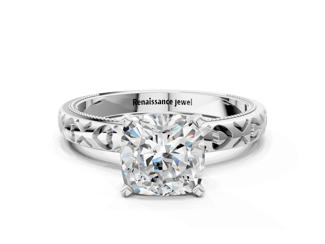 Silver Cushion Solitaire Diamond Engagement Ring with XO Engraved Band and Four-Prong Setting