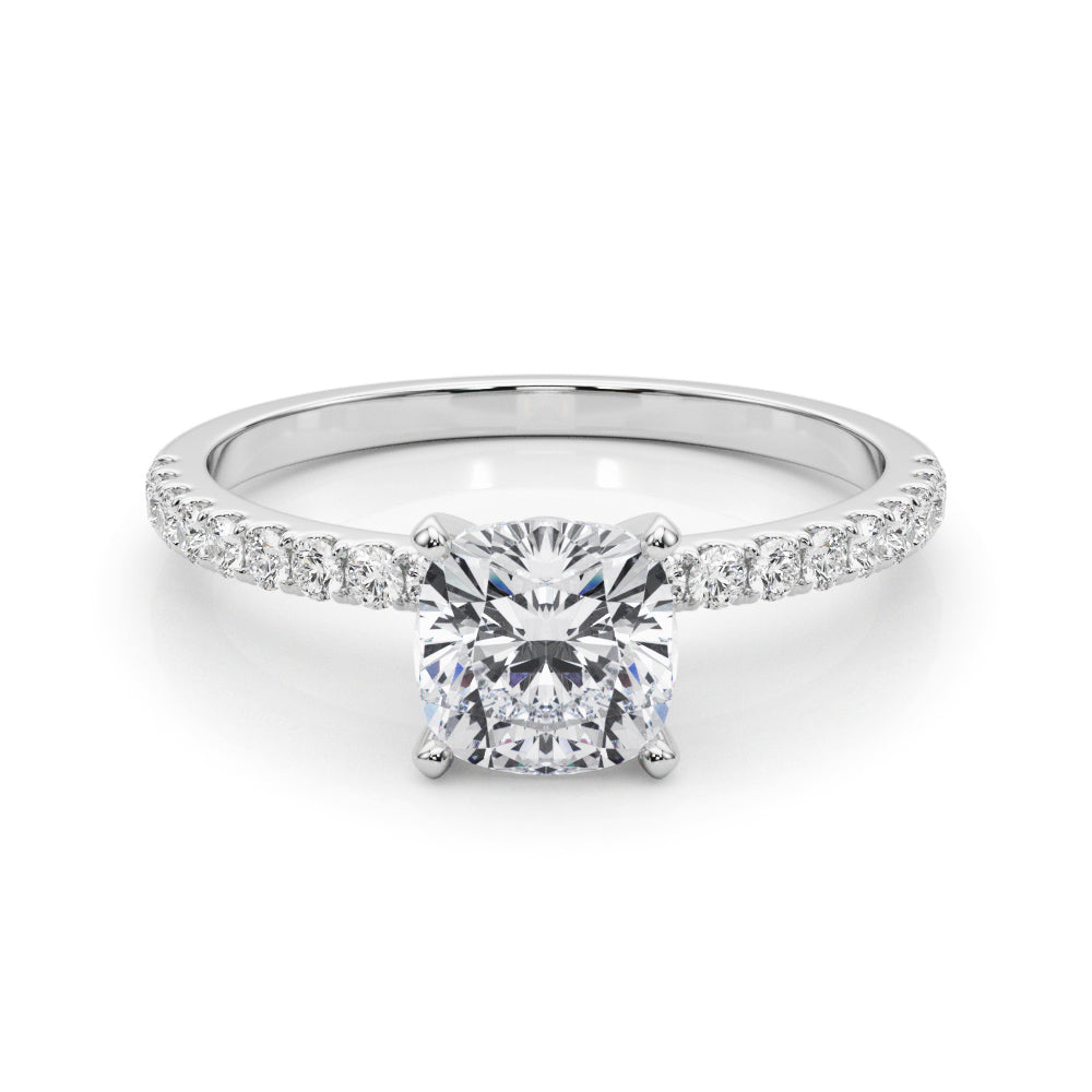 Silver Cushion Solitaire Diamond Pavé Band with Four-Prong Setting
