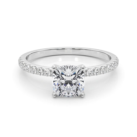 Silver Cushion Solitaire Diamond Pavé Band with Four-Prong Setting