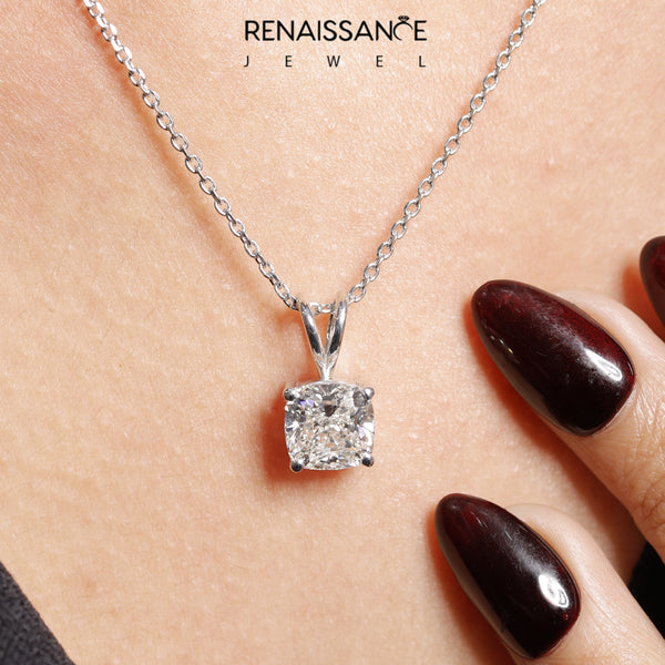 Silver Cushion Solitaire Diamond Prong Pendant