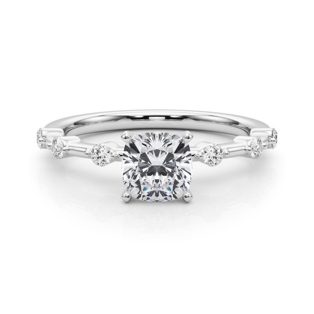 Silver Cushion Solitaire Diamond Ring with Bezel Set Side Stones and Prong Setting